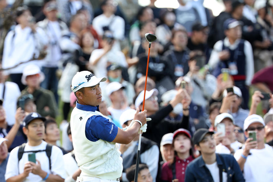 Hideki Matsuyama of Japan hits his tee shot on the 8th hole during the third round of the Zozo Championship at Accordia Golf Narashino Country Club on October 21, 2023 in Inzai, Chiba, Japan. (Photo by Lintao Zhang/Getty Images)