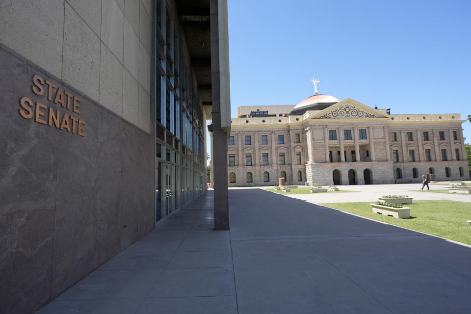 FILE - The Arizona Senate building at the state Capitol stands, April 11, 2024, in Phoenix. Democrats at the Arizona Legislature are expected to make a final push Wednesday, May 1, to repeal the state’s long-dormant ban on nearly all abortions that a court said can be enforced. (AP Photo/Ross D. Franklin, File)