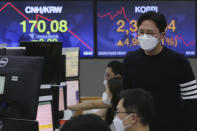 A currency trader watches monitors at the foreign exchange dealing room of the KEB Hana Bank headquarters in Seoul, South Korea, Friday, Oct. 23, 2020. Shares were mostly higher in Asia on Friday after President Donald Trump and his challenger former Vice President Joe Biden faced off in their second and final debate before the Nov. 3 election. (AP Photo/Ahn Young-joon)