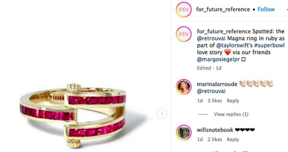 The @retrouvai Magna ring in ruby that Taylor Swift wore to the Super Bowl.