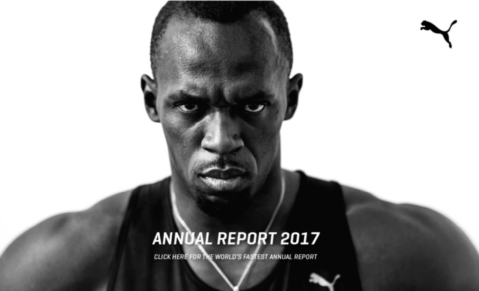 Usain Bolt auf dem Titelblatt des Puma-Jahresberichts 2017. (Puma.com)