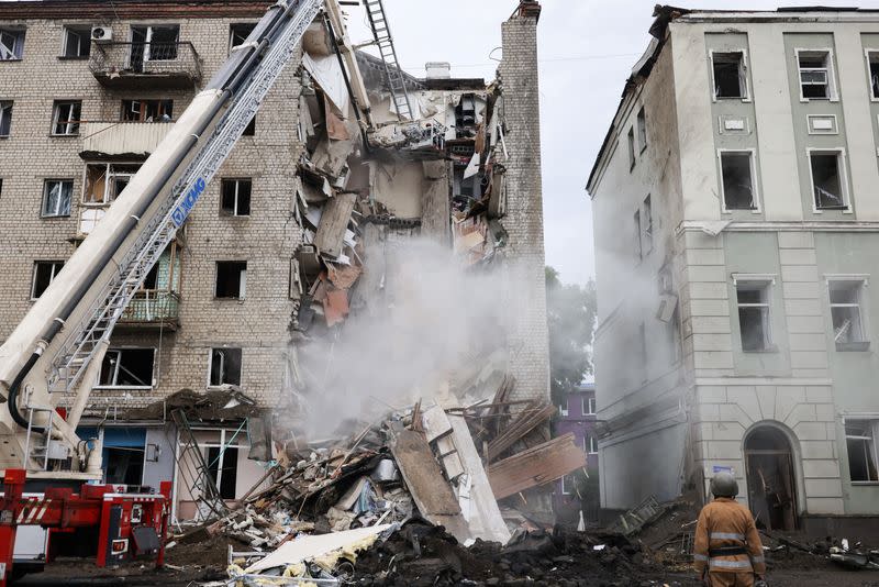 A apartment block targeted by Russia in an attack on Kharkiv.