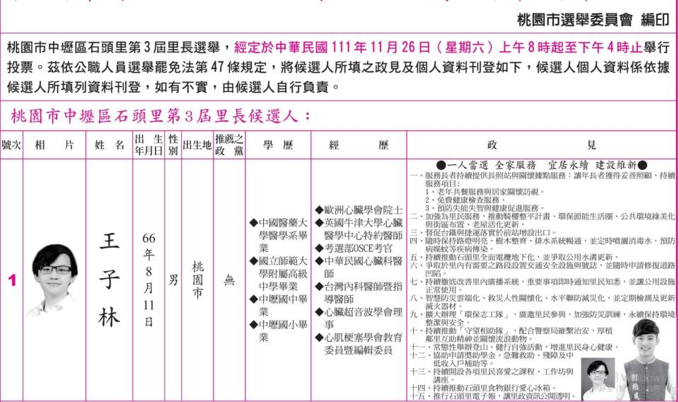 當時王子林在選舉公報政見欄位，還附上劉柏成的照片，顯示2人合作關係。（圖片取自桃園市選委會）