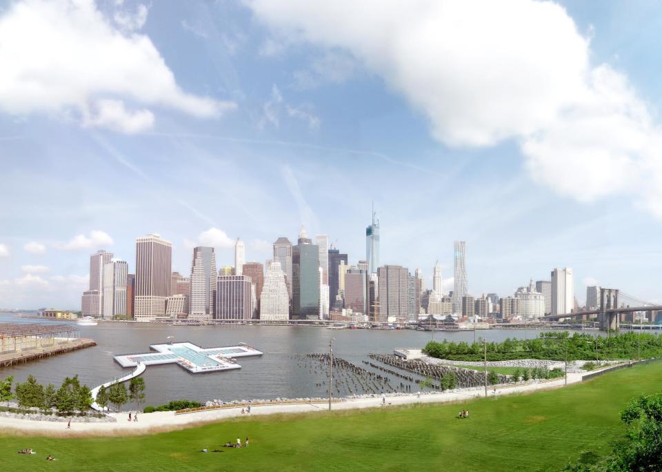 This artist's rendering provided by Plus Pool, on Tuesday, April 22, 2014, shows the proposed floating pool which is to be positioned in New York's East River close to the Brooklyn shore. The pool, which is scheduled to open in 2016, would be the first of its kind because it's made of filtration material designed to make dirty river water safe for swimming. The Manhattan skyline is in the background. (AP Photo/Plus Pool)