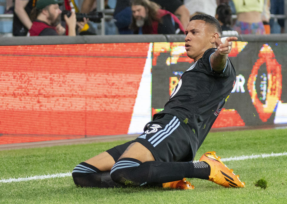 Minnesota United midfielder Kervin Arriaga celebrates after scoring a goal against Toronto FC during the second half of an MLS soccer match Saturday, June 3, 2023, in St. Paul, Minn. (Alex Kormann/Star Tribune via AP)