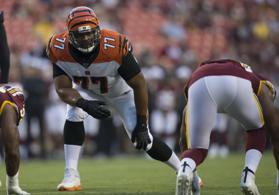 LANDOVER, MD - AUGUST 15: Cincinnati Bengals tackle Cordy Glenn (77) during the NFL preseason game between the Cincinnati Bengals and Washington Redskins on August 15, 2019, at FedEx Field in Landover, MD. (Photo by Lee Coleman/Icon Sportswire via Getty Images)