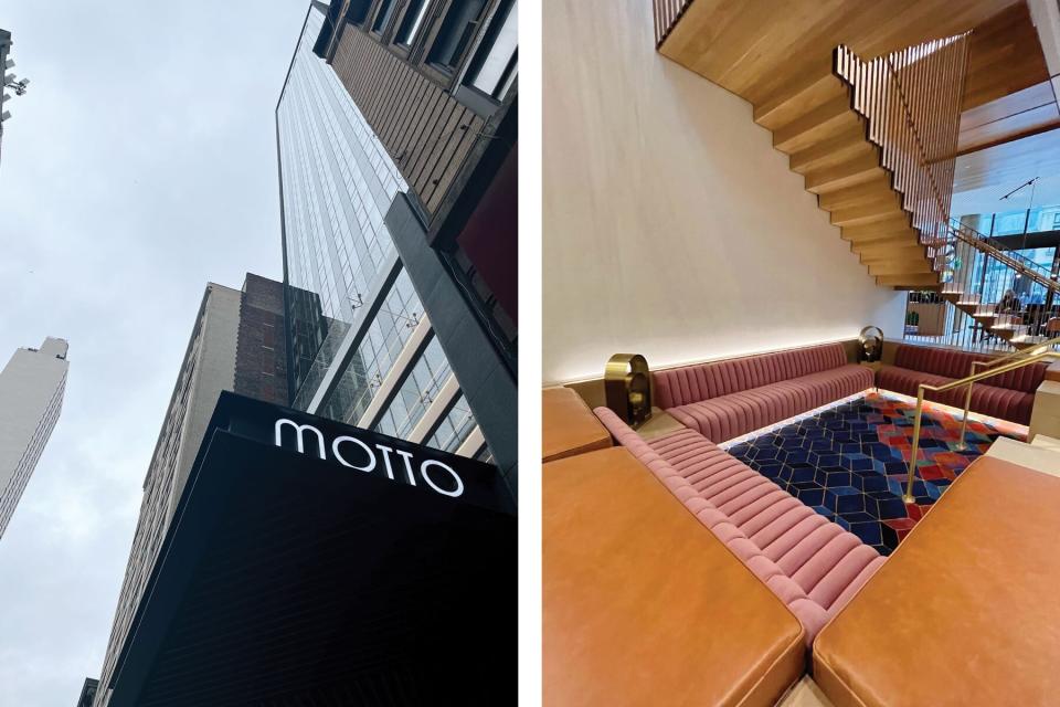 Exterior of Motto hotel in Chelsea and the interior lobby lounge with a pink sunken couch