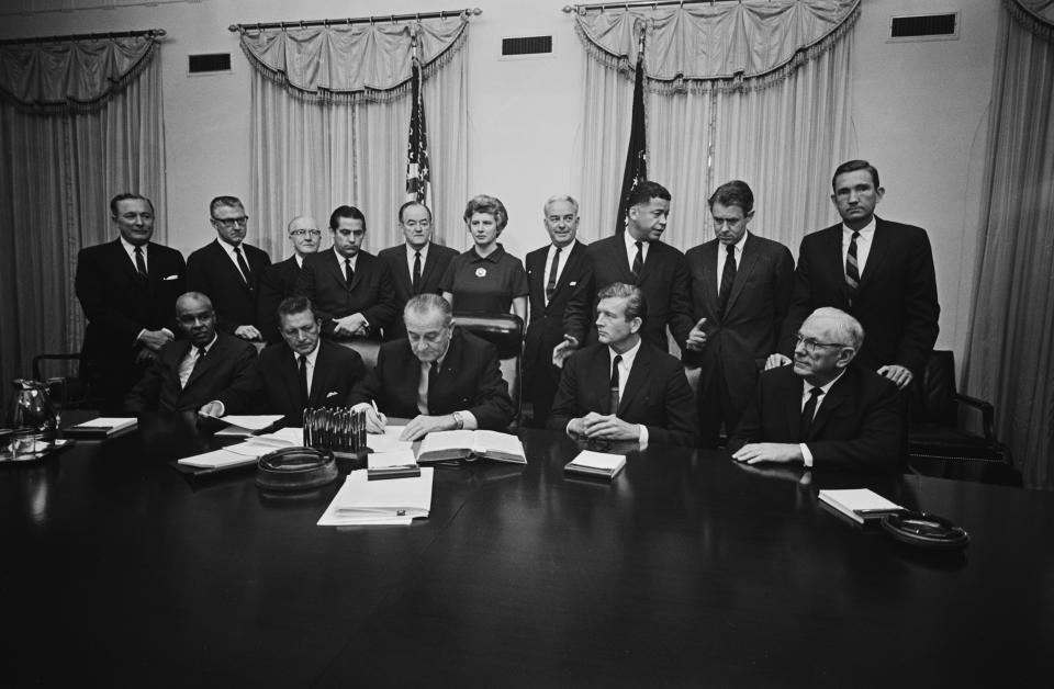 Image:  President Lyndon B. Johnson at the first meeting of the National Advisory Commission on Civil Disorders, also known as the Kerner Commission at the White House, on July 31, 1967. (Keystone / Hulton Archive/Getty Images file)