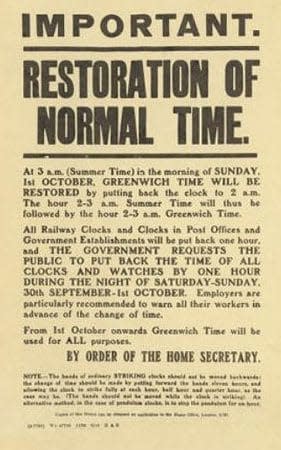 Home Office poster announcing restoration of Greenwich Time, 1916   - Credit: ©Private collection