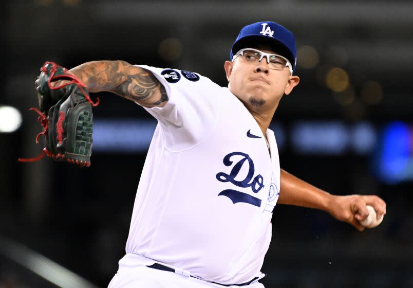 Los Angeles, California October 4 2022-Dodgers pitcher Julio Urias throws a pitch against the Rockies in the third inning at Dodger Stadium Tuesday. (Wally Skalij/Los Angeles Times)