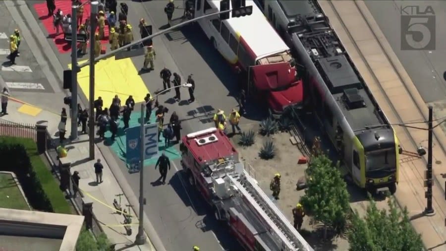 According to preliminary information released by the Los Angeles Fire Department, the crash occurred at 11:54 a.m. on Tuesday, April 29, on Exposition Boulevard between Normandie Avenue and Figueroa Street near the campus of USC. (KTLA)