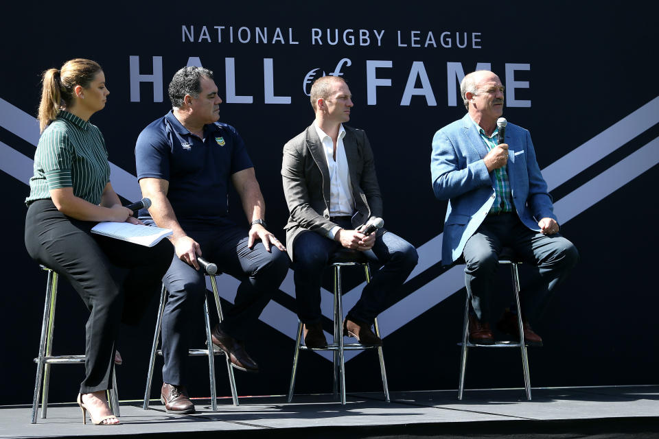 SYDNEY, AUSTRALIA - MARCH 19:  (L-R) Yvonne Sampson, Mal Meninga, Darren Lockyer and Wally Lewis during the Rugby League Hall of Fame and Immortals Announcement at Sydney Cricket Ground on March 19, 2018 in Sydney, Australia.  (Photo by Jason McCawley/Getty Images)