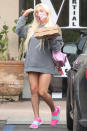 <p>Lady Gaga leaves a restaurant with boyfriend Michael Polansky in Malibu on Saturday.</p>