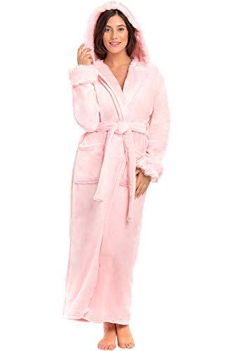 Women's Plush Fleece Robe with Faux Fur Hood