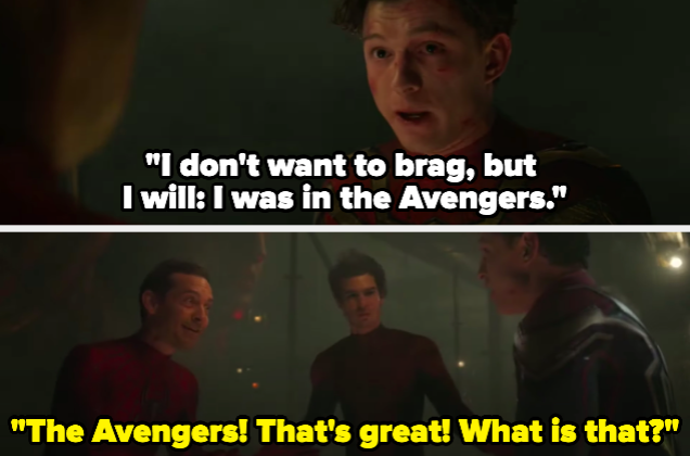 A man saying "I don't want to brag, but I will: I was in the Avengers" and a man responding "The Avengers! That's great! What is that?"