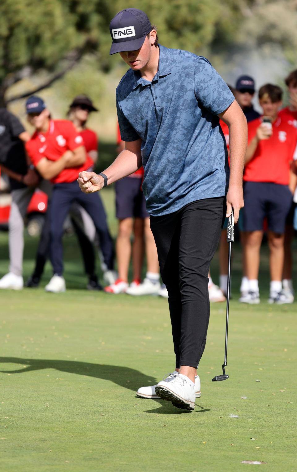 Bonneville’s Parker Bunn reacts to winning the 5A boys state golf championship at Fox Hollow Golf Club in American Fork on Tuesday, Oct. 10, 2023. | Kristin Murphy, Deseret News