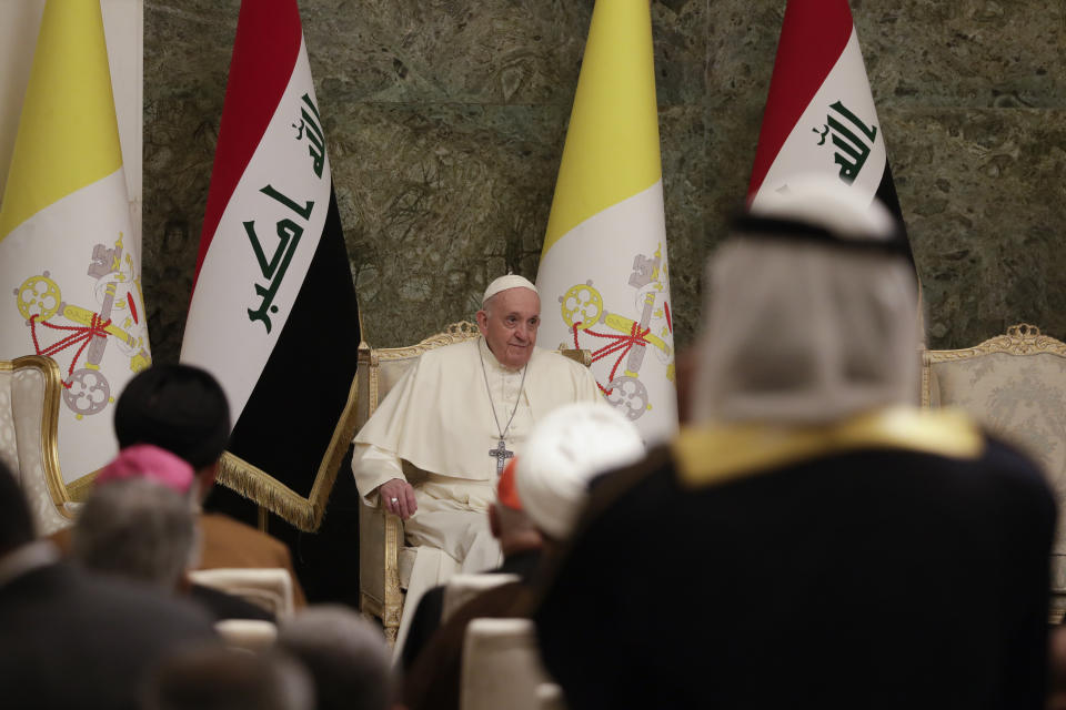 Pope Francis meets authorities and civil society at Baghdad's Presidential Palace, Iraq, Friday, March 5, 2021. Pope Francis has arrived in Iraq to urge the country's dwindling number of Christians to stay put and help rebuild the country after years of war and persecution, brushing aside the coronavirus pandemic and security concerns. (AP Photo/Andrew Medichini)