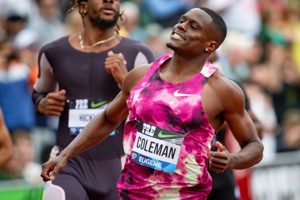 Christian Coleman, of the United States, wins the men’s 100 meters during the 2024 Prefontaine Classic at Hayward Field in Eugene, Ore., on Saturday, May 25, 2024.