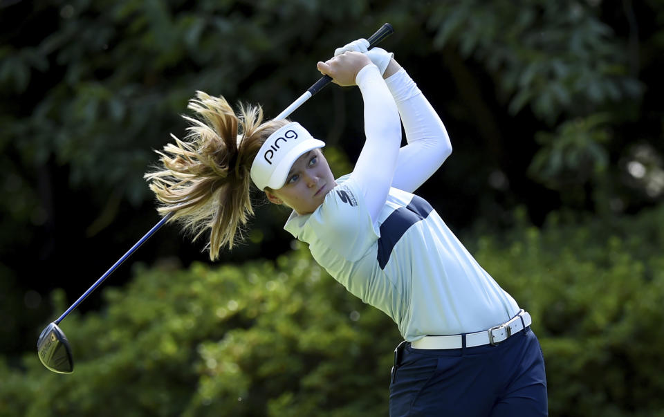 Brookes M. Henderson of Canada hits her tee shot on the fifth hole during the final round of the LPGA Cambia Portland Classic golf tournament in Portland, Ore., Sunday, Sept. 1, 2019. (AP Photo/Steve Dykes)
