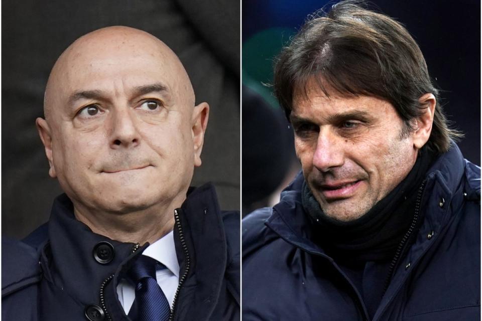 Antonio Conte, right, took aim at ‘Tottenham’s story’ under Daniel Levy’s ownership (Andrew Matthews/John Walton/PA)