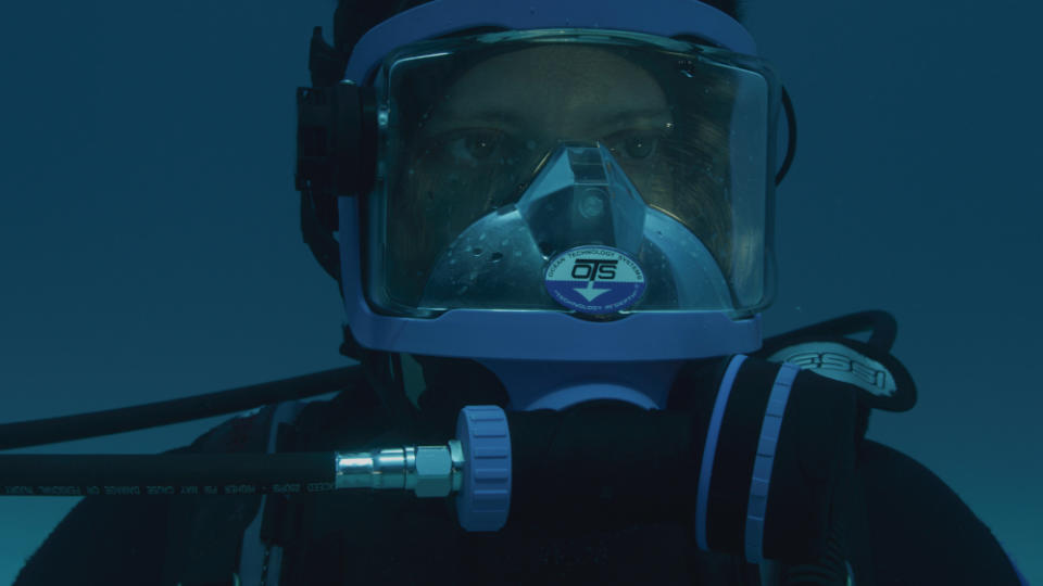 Mayne using the rebreather which he spent over a week learning how to use. — Picture courtesy of Discovery Channel