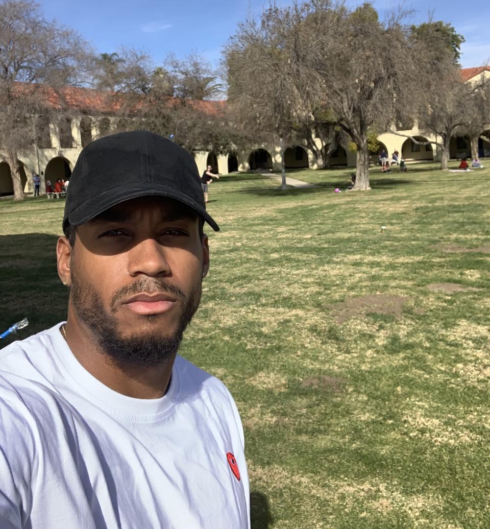 Football player Jarred Evans was evacuated from Wuhan, China to March Air Reserve Base in Riverside County, Calif, amid the novel coronavirus outbreak. (Photo: Courtesy of Jarred Evans)