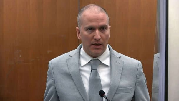 PHOTO: Former police officer Derek Chauvin addresses the court during his sentencing in the murder of George Floyd at Hennepin County Government Center, June 25, 2021, in Minneapolis. (Court TV, FILE)