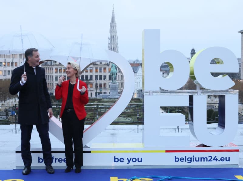 European Commission president Ursula Von der Leyen (L) and Belgian Prime Minister Alexander De Croo arrive for a plenary meeting for the launch of Belgian Presidency of the Council of the European Union, at the Egmont Palace. Benoit Doppagne/Belga/dpa