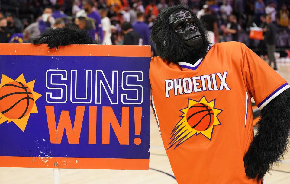 Phoenix Suns' Gorilla poses after their win over the Los Angeles Lakers at the Footprint Center Oct, 6, 2021 in Phoenix.
