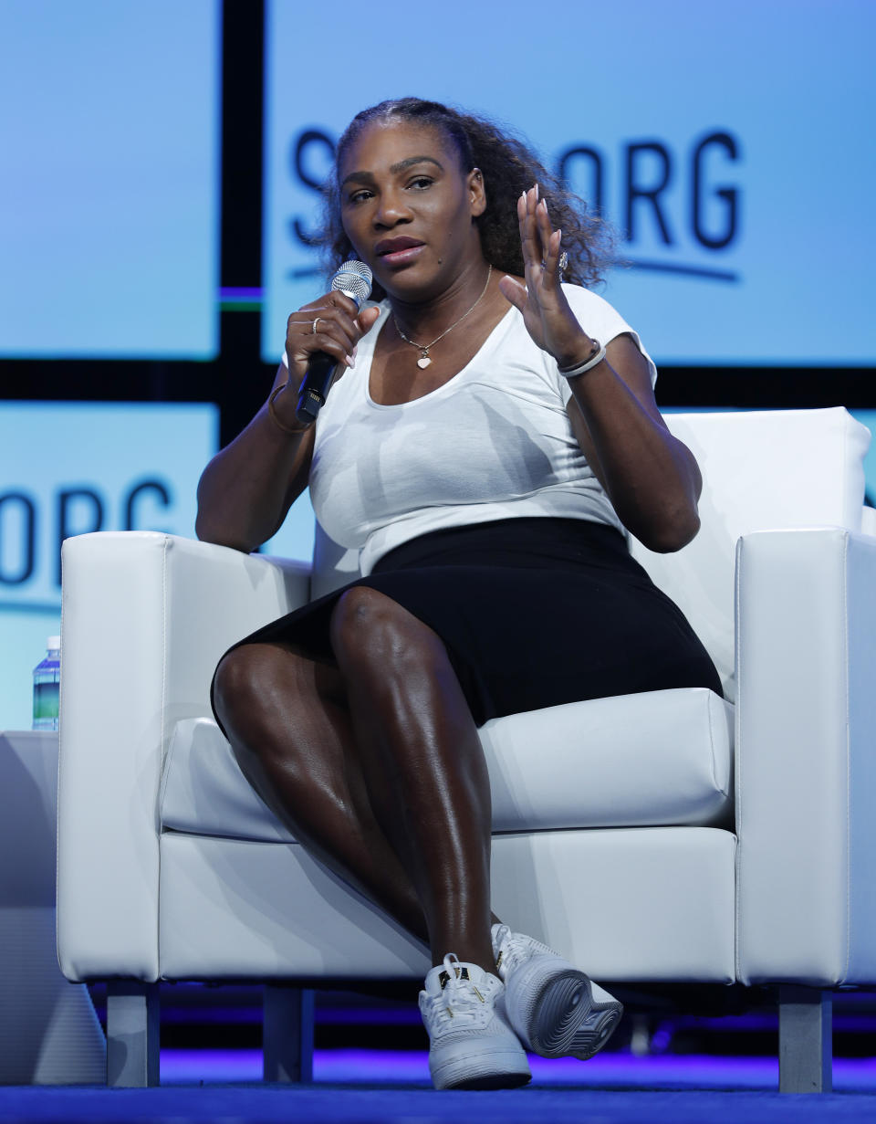 Tennis star Serena Williams speaks at the Shop.org conference Friday, Sept. 14, 2018, in Las Vegas. (AP Photo/John Locher)