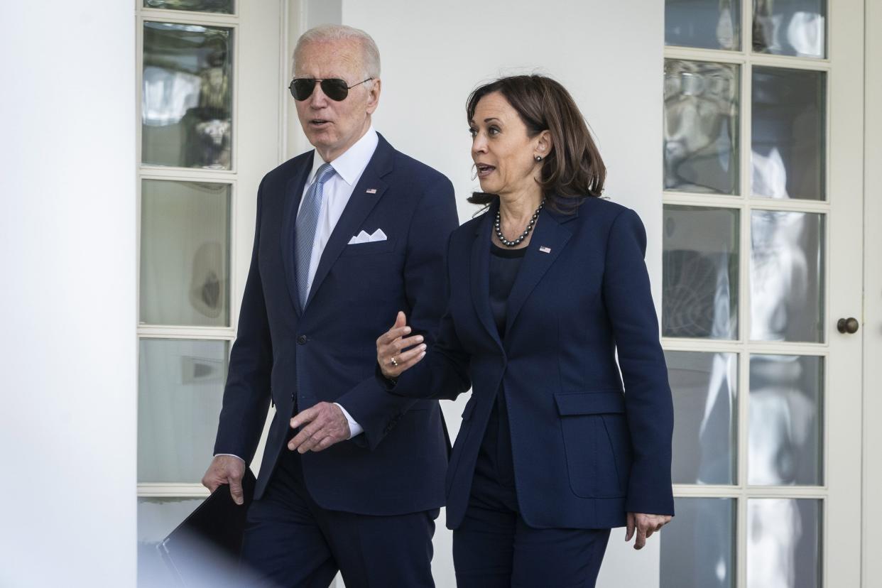(L-R) U.S. President Joe Biden and Vice President Kamala Harris walk back to the Oval Office after an event about gun violence in the Rose Garden of the White House on April 11, 2022, in Washington, DC. Biden also announced Steve Dettelbach as his nominee to lead the Bureau of Alcohol, Tobacco, Firearms and Explosives (ATF) at the event.