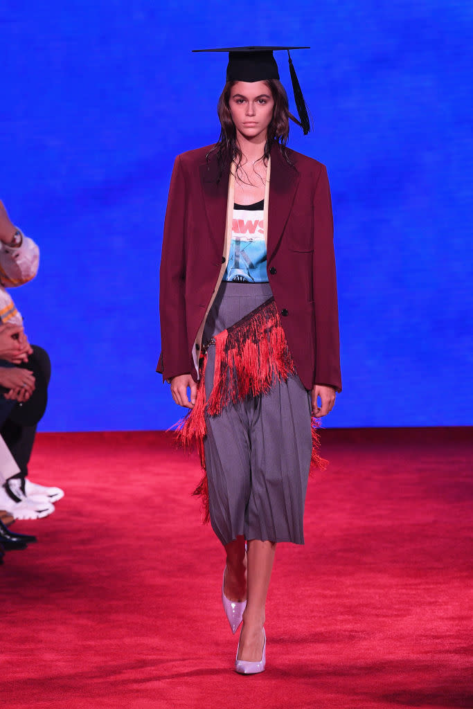 <p>Fringe was all over the catwalk this season. From Calvin Klein and Coach to Oscar de la Renta, fringe details were found on skirts, jackets, bags, and more. Here, model Kaia Gerber walks the Calvin Klein Spring 2019 show wearing a midi skirt with a fringe belt around her waist. (Photo: Getty Images) </p>