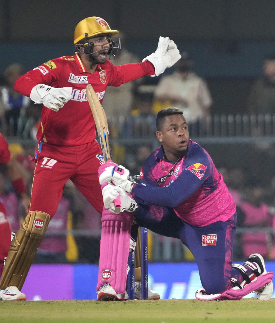 Rajasthan Royals's Shimron Hetmyer plays a shot during the Indian Premier League (IPL) 2023 match between Punjab Kings and Rajasthan Royals, in Guwahati, India, Wednesday, April 5, 2023. (AP Photo/Anupam Nath)