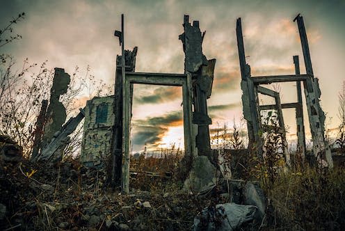<span class="caption">This is not the first time that AI has been described as an existential threat.</span> <span class="attribution"><a class="link " href="https://www.shutterstock.com/image-photo/remains-destroyed-houses-sunset-766086841" rel="nofollow noopener" target="_blank" data-ylk="slk:Nouskrabs/Shutterstock;elm:context_link;itc:0;sec:content-canvas">Nouskrabs/Shutterstock</a></span>
