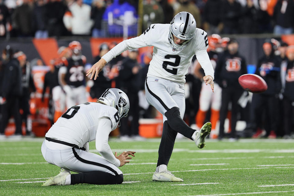 Raiders kicker Daniel Carlson's field goal in the fourth quarter wasn't a bad play for Bengals bettors. (Photo by Andy Lyons/Getty Images)