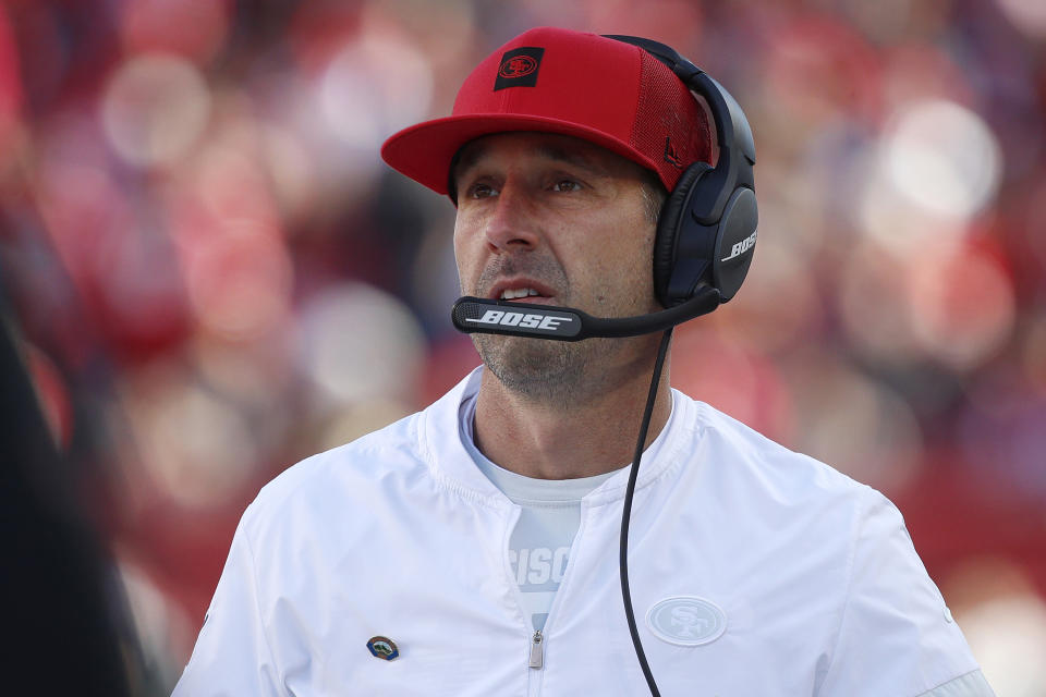 San Francisco 49ers head coach Kyle Shanahan watches the first half of an NFL football game against the Atlanta Falcons in Santa Clara, Calif., Sunday, Dec. 15, 2019. (AP Photo/Josie Lepe)