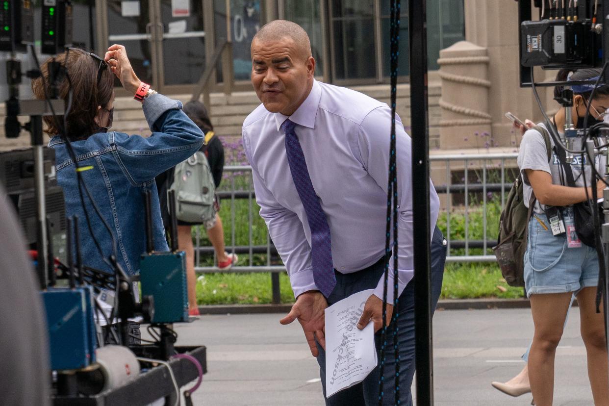 Christopher Jackson was spotted on the set of the court TV drama "Bull," near Borough Hall in Brooklyn on Thursday, July 29, 2021.