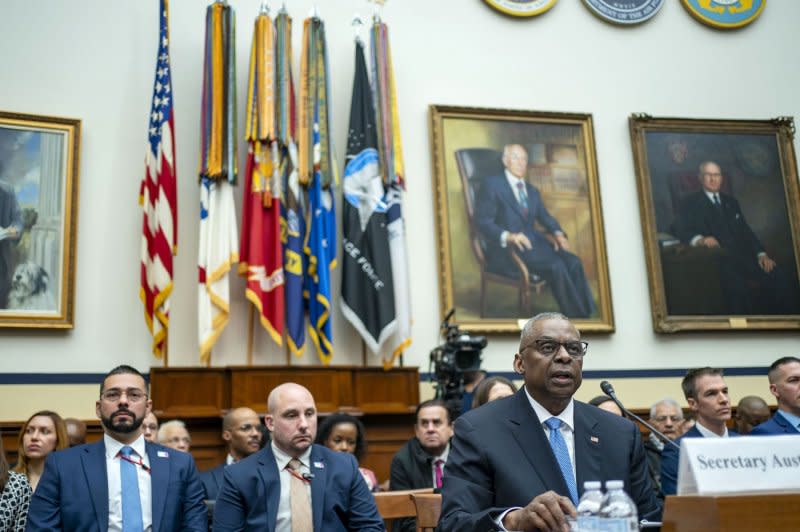 Secretary of Defense Lloyd Austin speaks during a House Armed Services Committee hearing on his secret hospitalization at the U.S. Capitol on Thursday. Photo by Bonnie Cash/UPI