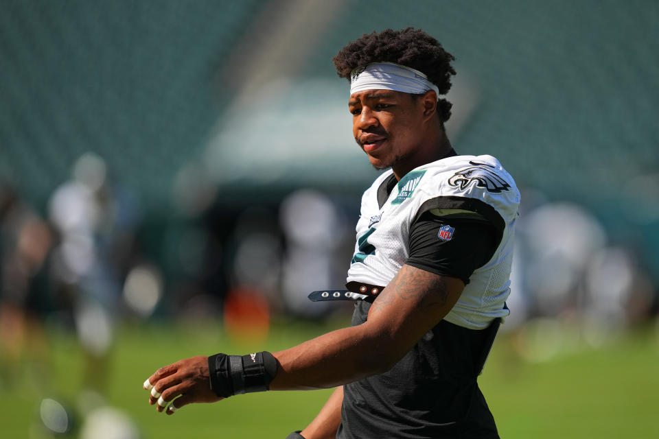 PHILADELPHIA, PENNSYLVANIA – AUGUST 9: Nolan Smith #3 of the Philadelphia Eagles looks on during Training Camp at Lincoln Financial Field on August 9, 2023 in Philadelphia, Pennsylvania. (Photo by Mitchell Leff/Getty Images)
