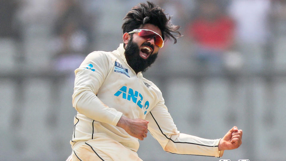 Seen here, Ajaz Patel celebrates after becoming just the third player in Test history to take all 10 wickets in an innings. 