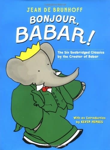 Book cover of "Bonjour, Babar!" featuring illustrated character Babar the elephant in a suit and crown