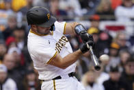 Pittsburgh Pirates' Joey Bart hits a double during the fourth inning of a baseball game against the Baltimore Orioles, Saturday, April 6, 2024, in Pittsburgh. (AP Photo/Matt Freed)