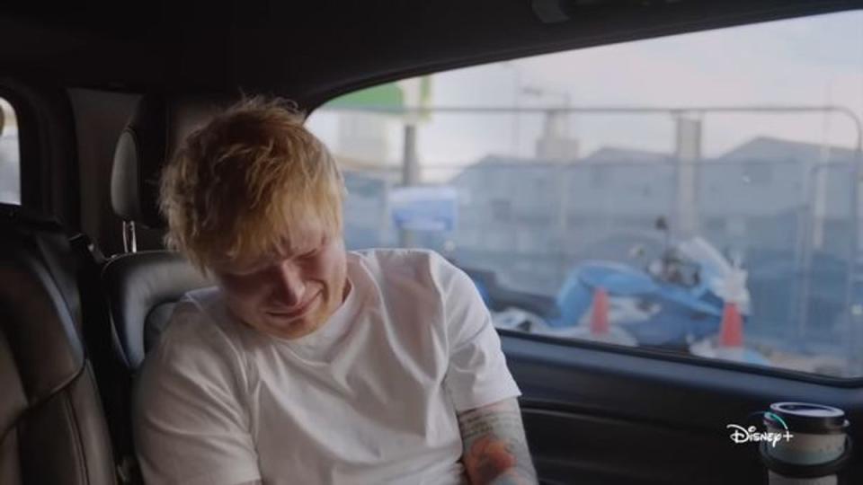 Ed Sheeran can be seen sobbing as he opens up about his loss (Disney Plus)