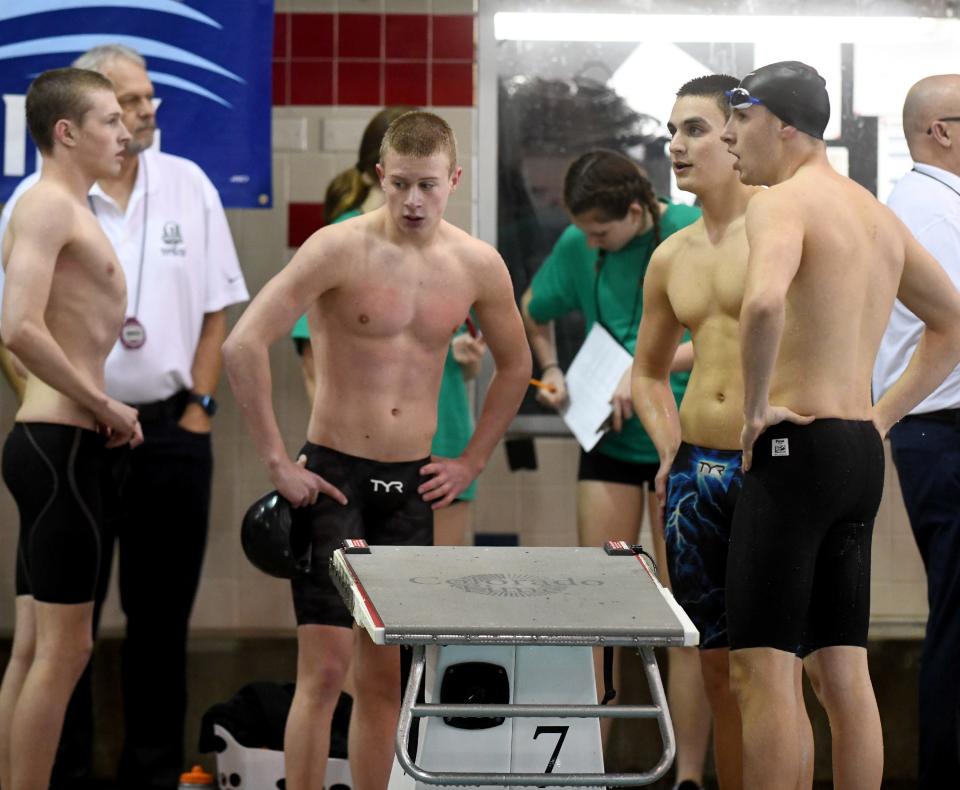 Hoover competes in Boys 400 Yard freestyle relay in 2024 OHSAA Division I State Swimming Prelims at C.T. Branin Natatorium in Canton. Friday, February 23, 2024.