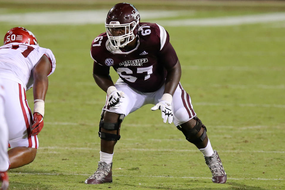 Mississippi State OT Charles Cross took a big step in his development in 2021. (Photo by Jonathan Bachman/Getty Images)