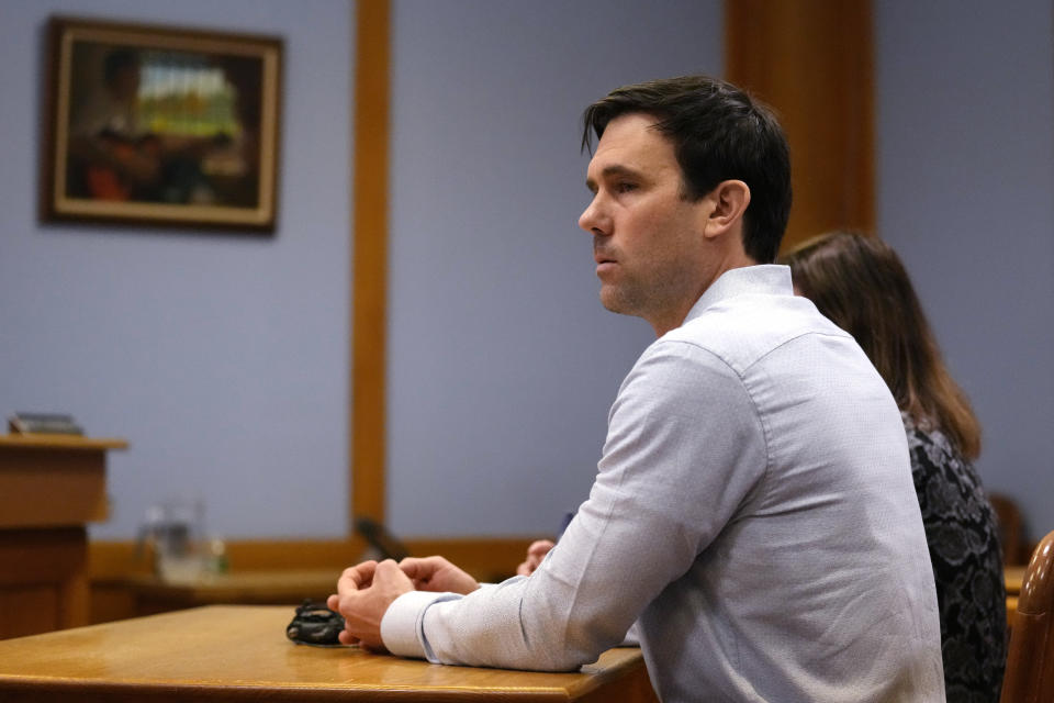 James Parker listens to the parole board decision during his parole hearing, Thursday, April 18, 2024, in Concord, N.H. Parker, who served more than half of his life in prison for his role in the 2001 stabbing deaths of two married Dartmouth College professors as part of a plan to rob and kill people before fleeing overseas has been granted parole.(AP Photo/Charles Krupa)