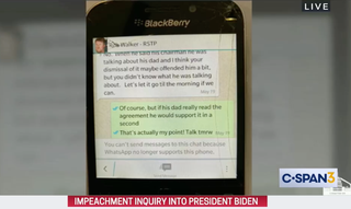 Tony Bobulinski’s Blackberry still has his texts involving Hunter Biden even though WhatsApp doesn’t support the phone any longer. - Screenshot: C-SPAN