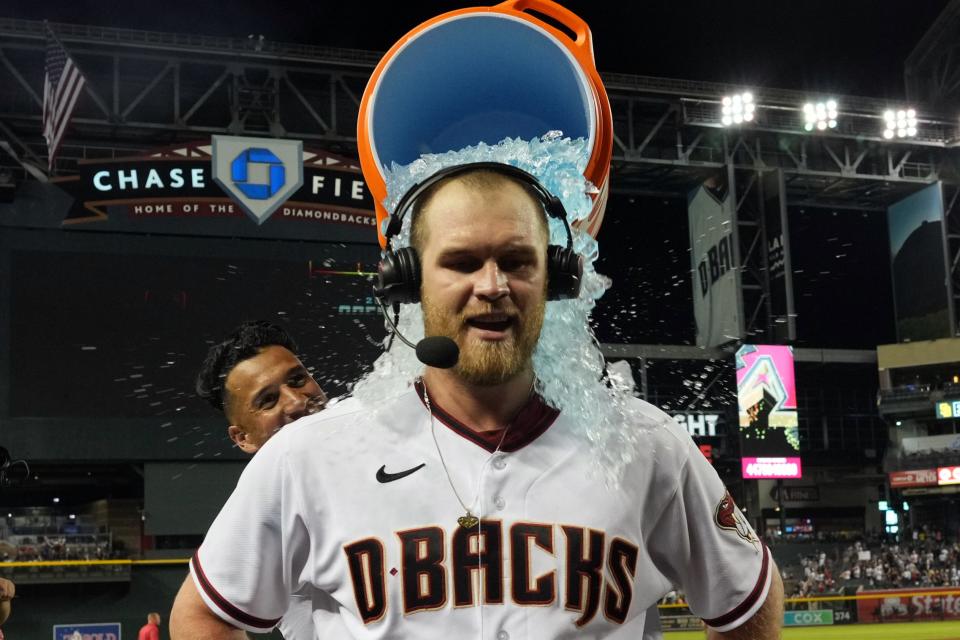 Seth Beer gets doused with Gatorade after his walk-off home run on Thursday.