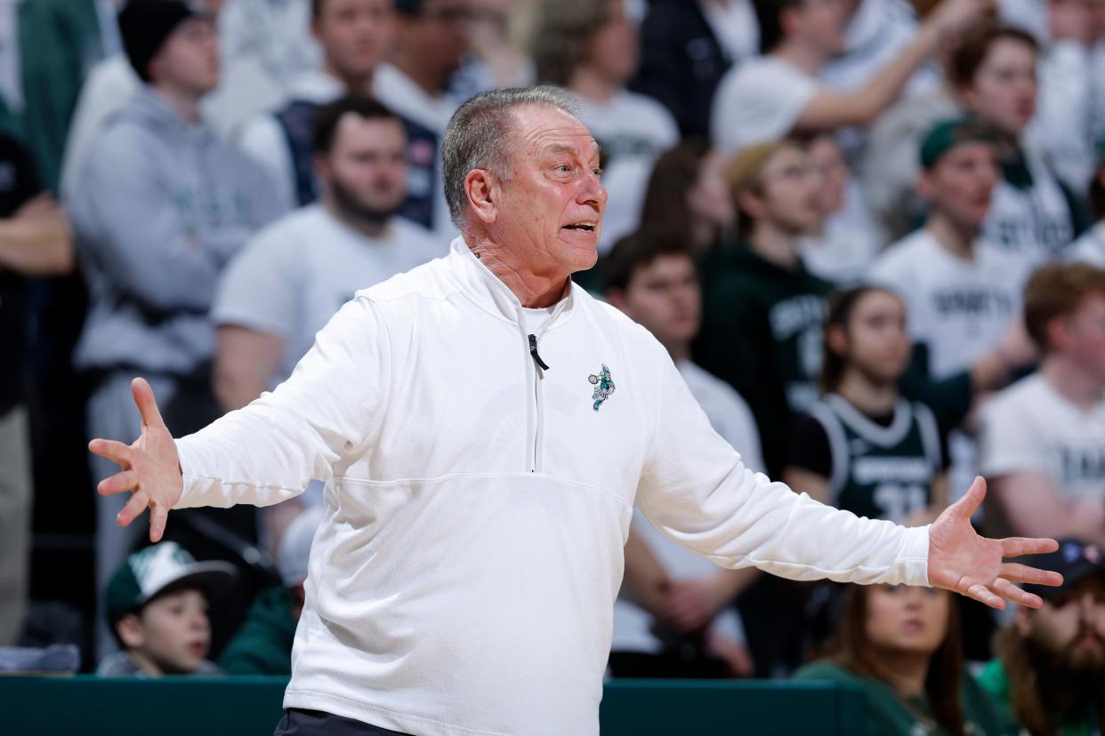 Michigan State coach Tom Izzo reacts during the first half of an NCAA college basketball game against Ohio State at Breslin Center in East Lansing on Sunday, Feb. 25, 2024.