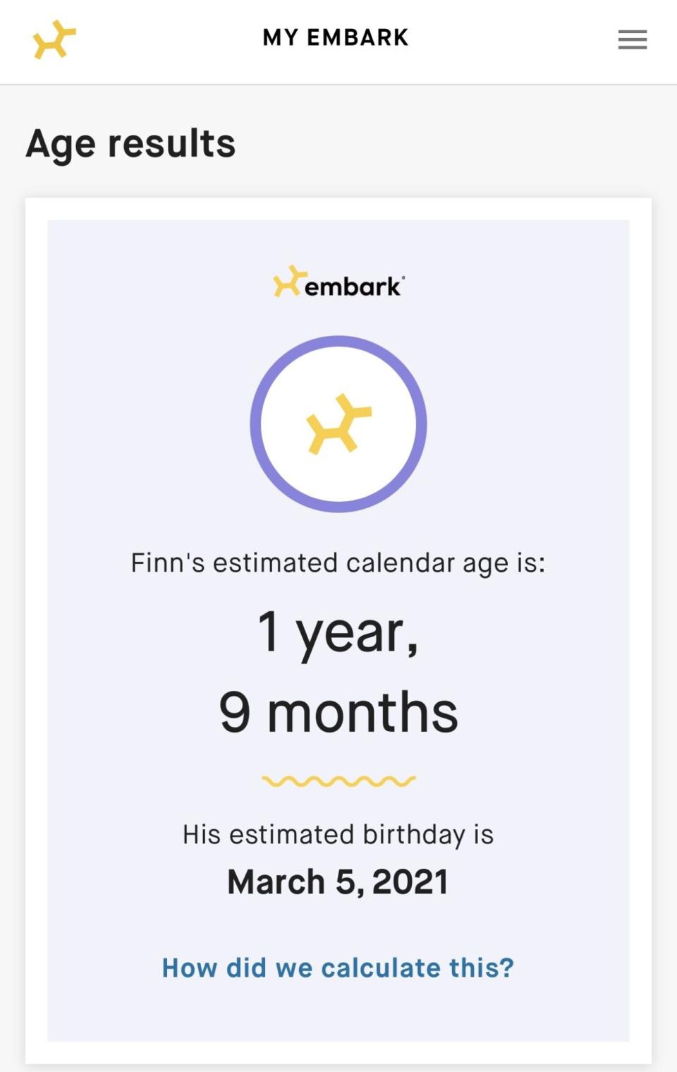Embark dog age test results page